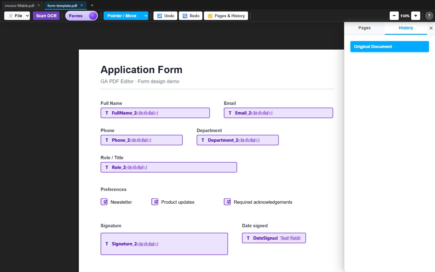 Forms mode — purple designer field shells Forms mode — designer shells